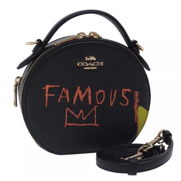 Coach Basquiat Collaboration Hand Bag Leather 2way Black Gold Auth - Picture 1 of 15